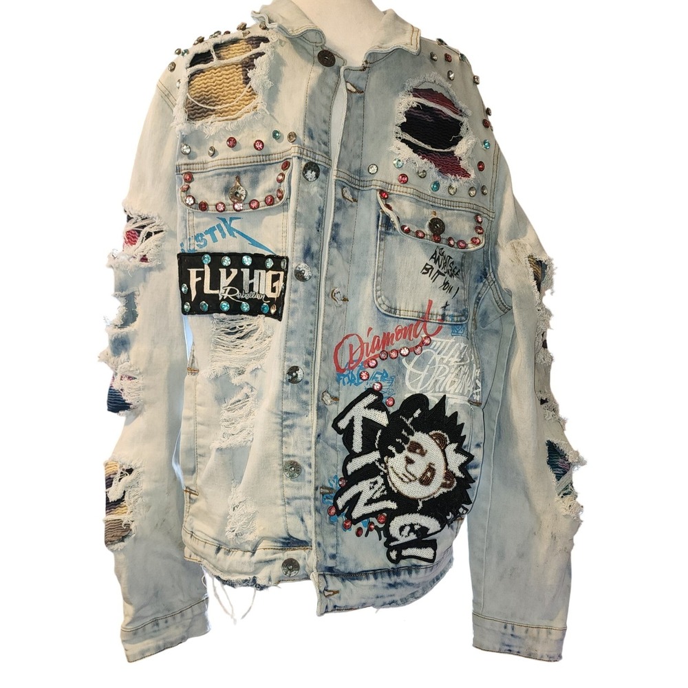 Majestik Streetwear Jacket XL Light Wash Embellished Rhinestone Patches Studded
